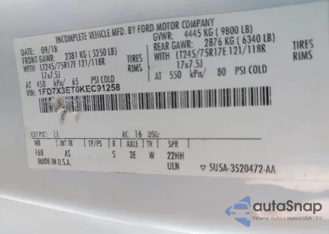 2019 Ford F-350 Chassis Xl из США, поврежденный, VIN 1FD7X3ET0KEC91258